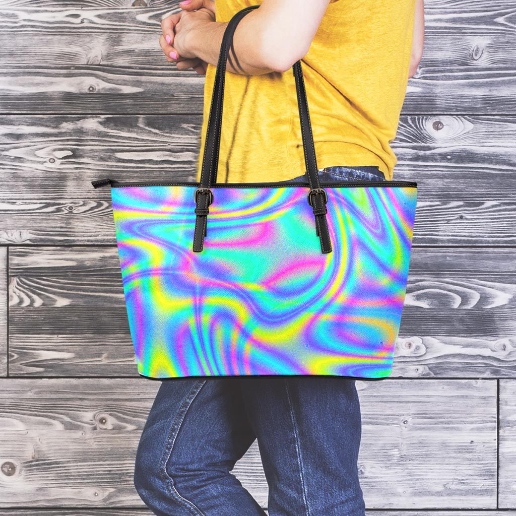 Turquoise Holographic Trippy Print Leather Tote Bag
