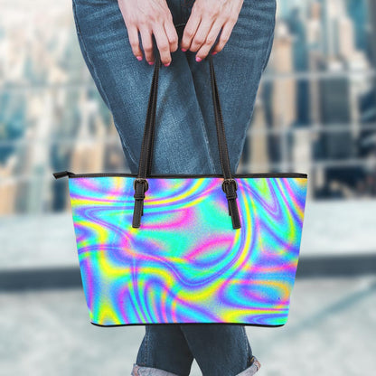 Turquoise Holographic Trippy Print Leather Tote Bag