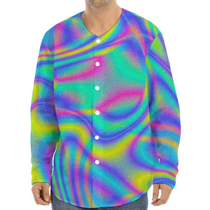 Turquoise Holographic Trippy Print Long Sleeve Baseball Jersey