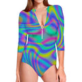 Turquoise Holographic Trippy Print Long Sleeve Swimsuit