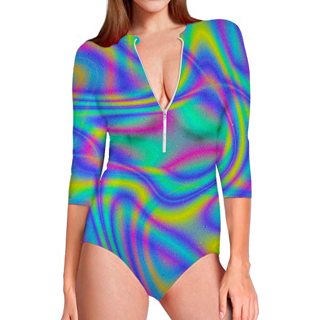 Turquoise Holographic Trippy Print Long Sleeve Swimsuit