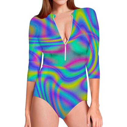 Turquoise Holographic Trippy Print Long Sleeve Swimsuit