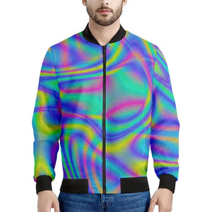 Turquoise Holographic Trippy Print Men's Bomber Jacket