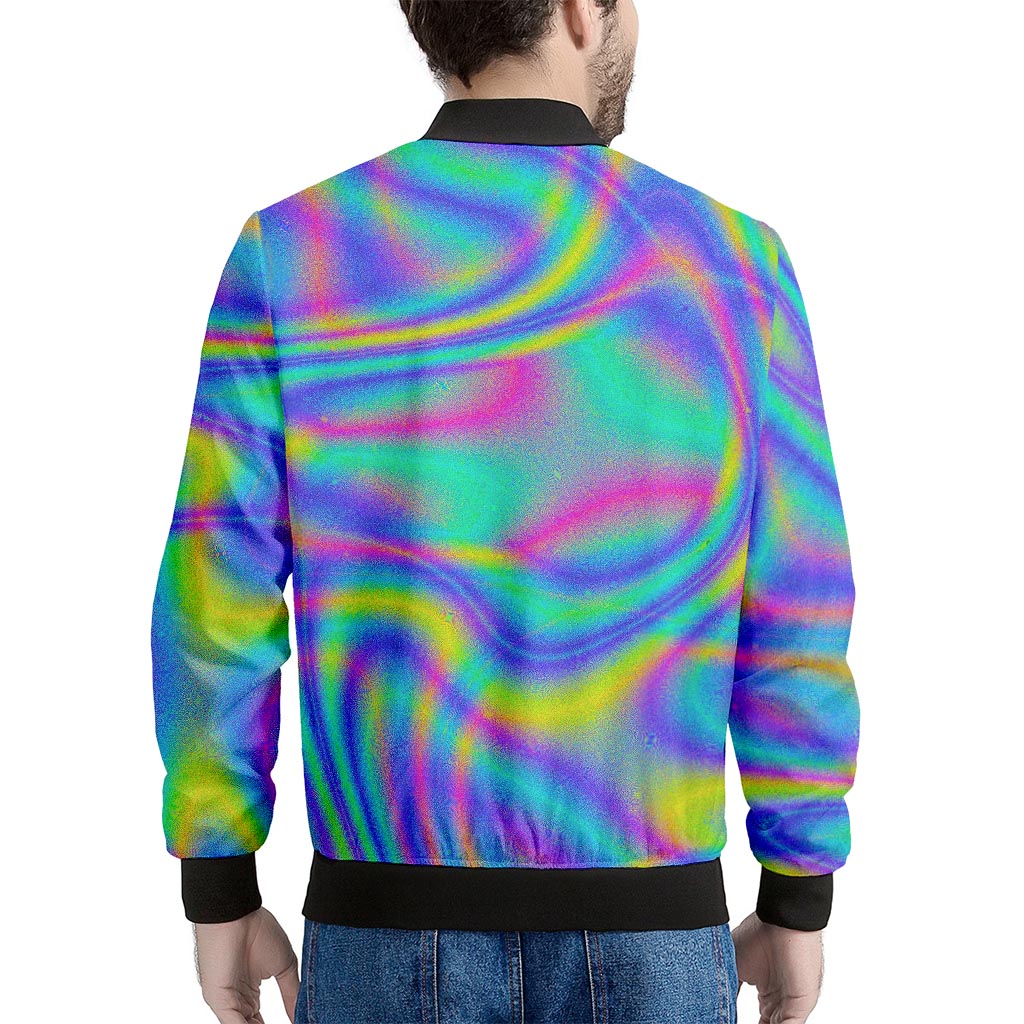 Turquoise Holographic Trippy Print Men's Bomber Jacket