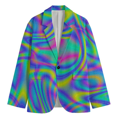 Turquoise Holographic Trippy Print Men's Cotton Blazer