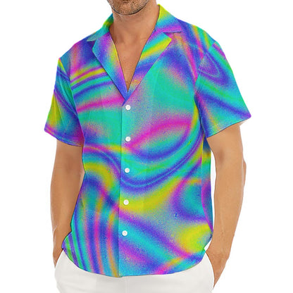 Turquoise Holographic Trippy Print Men's Deep V-Neck Shirt