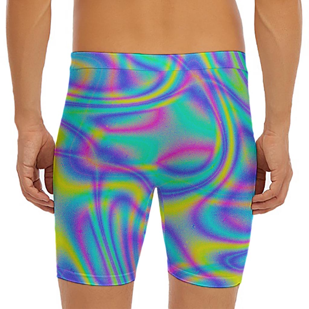 Turquoise Holographic Trippy Print Men's Long Boxer Briefs