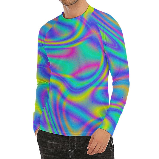 Turquoise Holographic Trippy Print Men's Long Sleeve Rash Guard