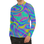 Turquoise Holographic Trippy Print Men's Long Sleeve Rash Guard