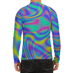 Turquoise Holographic Trippy Print Men's Long Sleeve Rash Guard