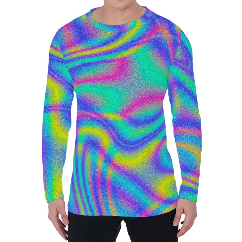 Turquoise Holographic Trippy Print Men's Long Sleeve T-Shirt