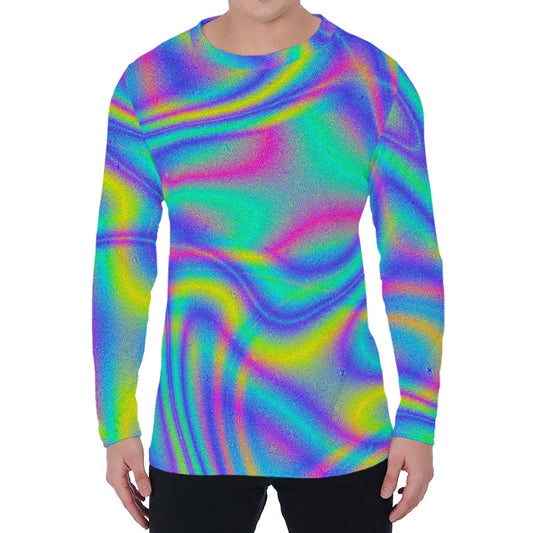 Turquoise Holographic Trippy Print Men's Long Sleeve T-Shirt