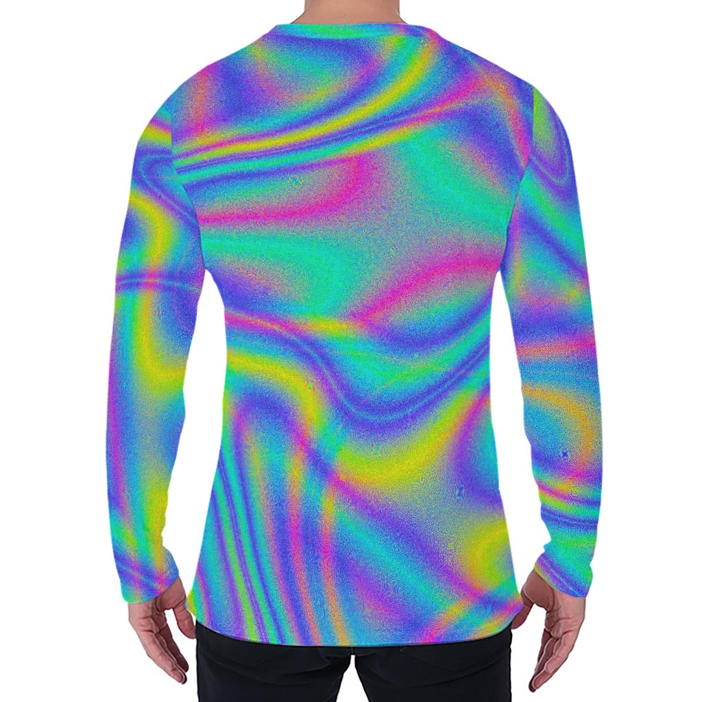 Turquoise Holographic Trippy Print Men's Long Sleeve T-Shirt
