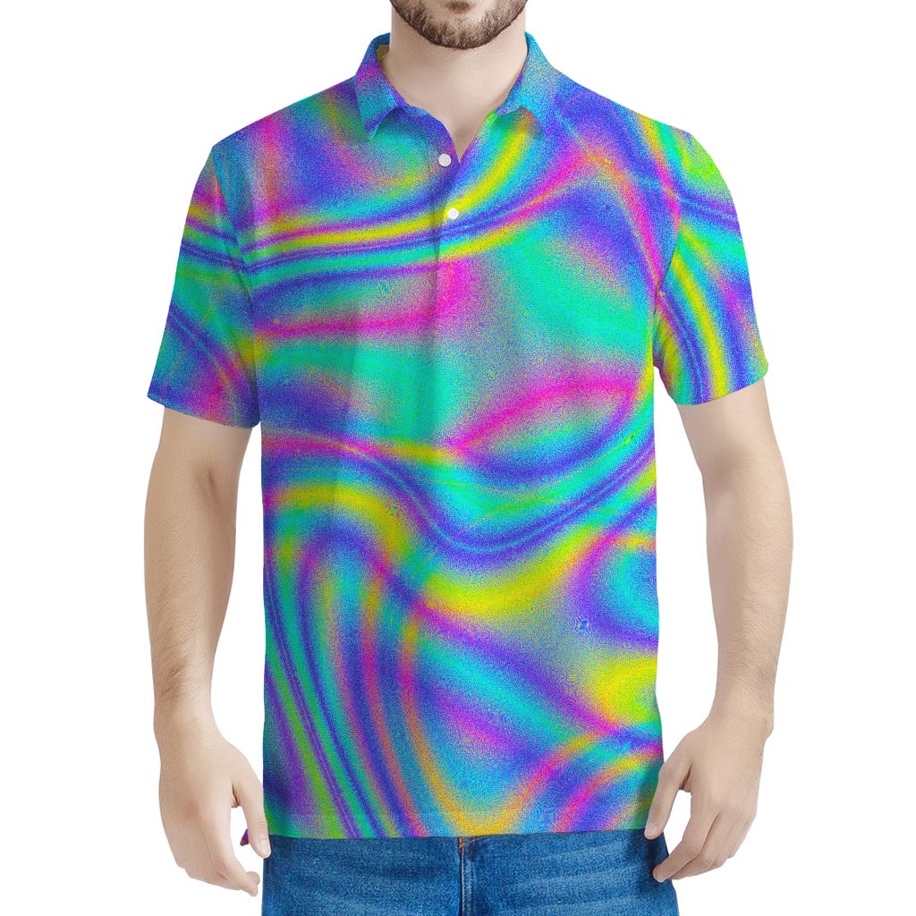Turquoise Holographic Trippy Print Men's Polo Shirt