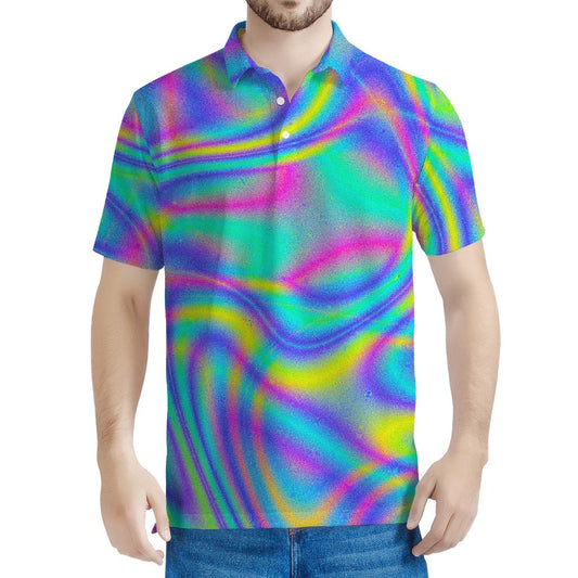 Turquoise Holographic Trippy Print Men's Polo Shirt