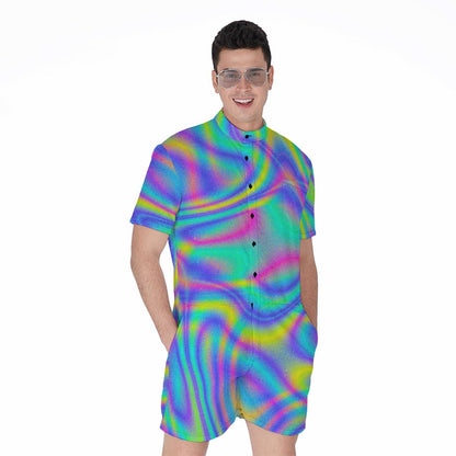 Turquoise Holographic Trippy Print Men's Rompers