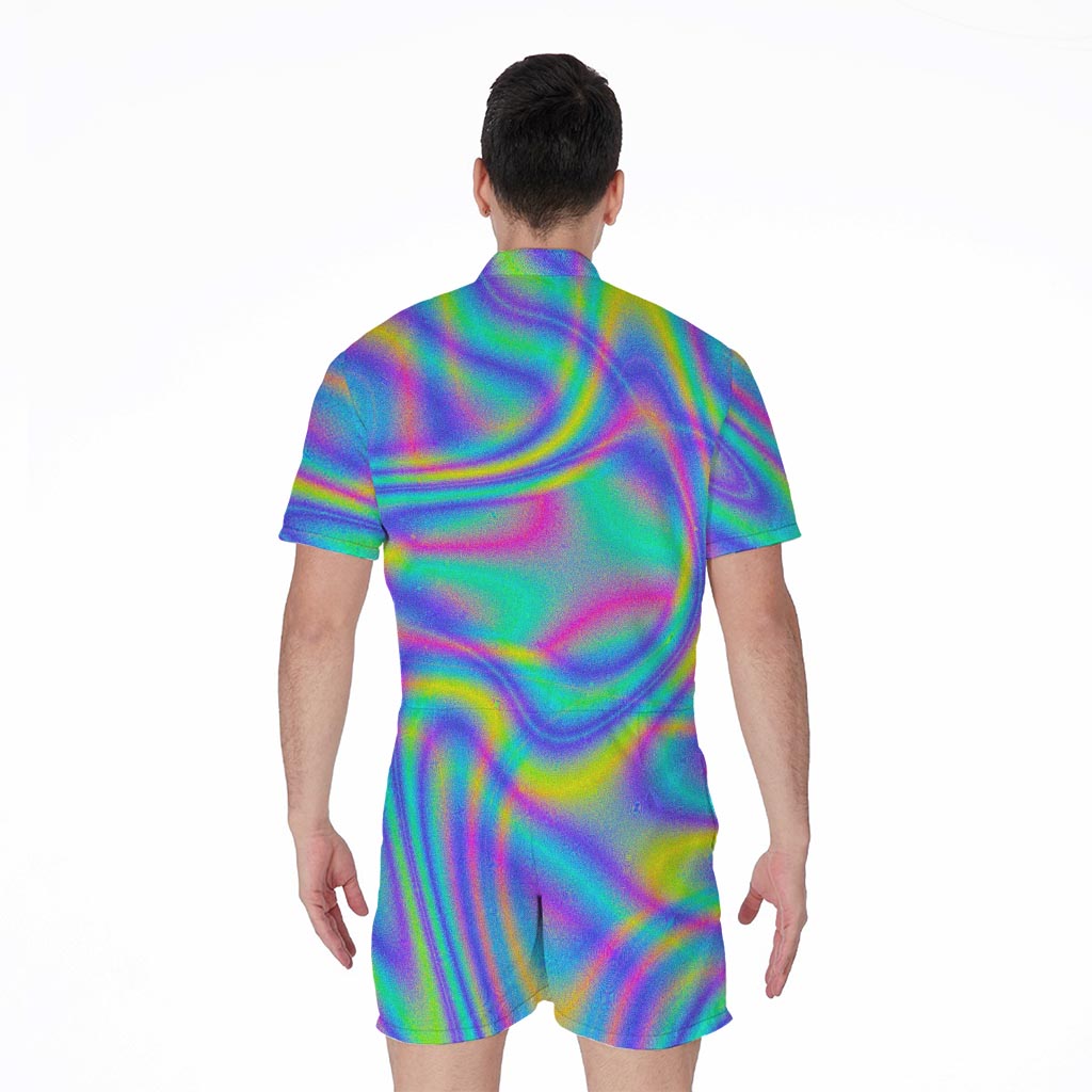 Turquoise Holographic Trippy Print Men's Rompers