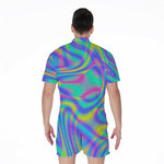 Turquoise Holographic Trippy Print Men's Rompers