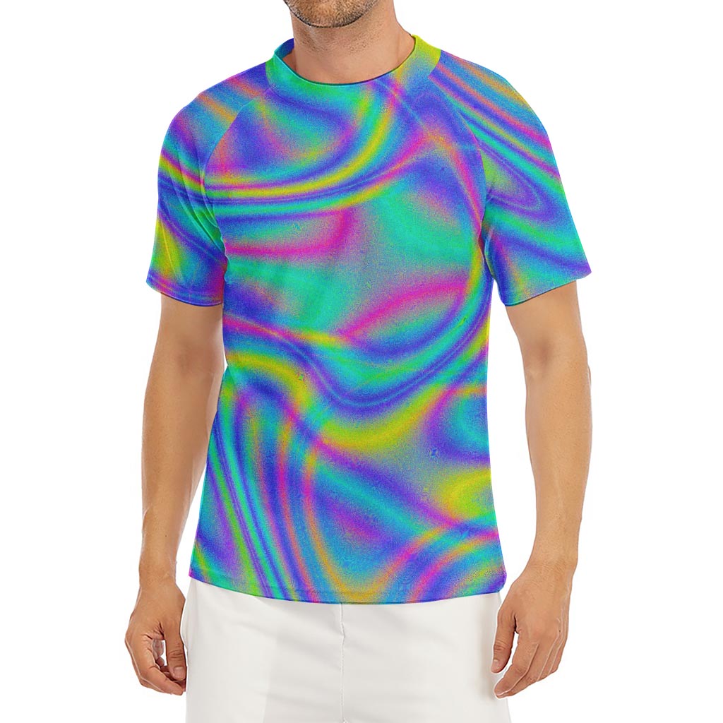 Turquoise Holographic Trippy Print Men's Short Sleeve Rash Guard