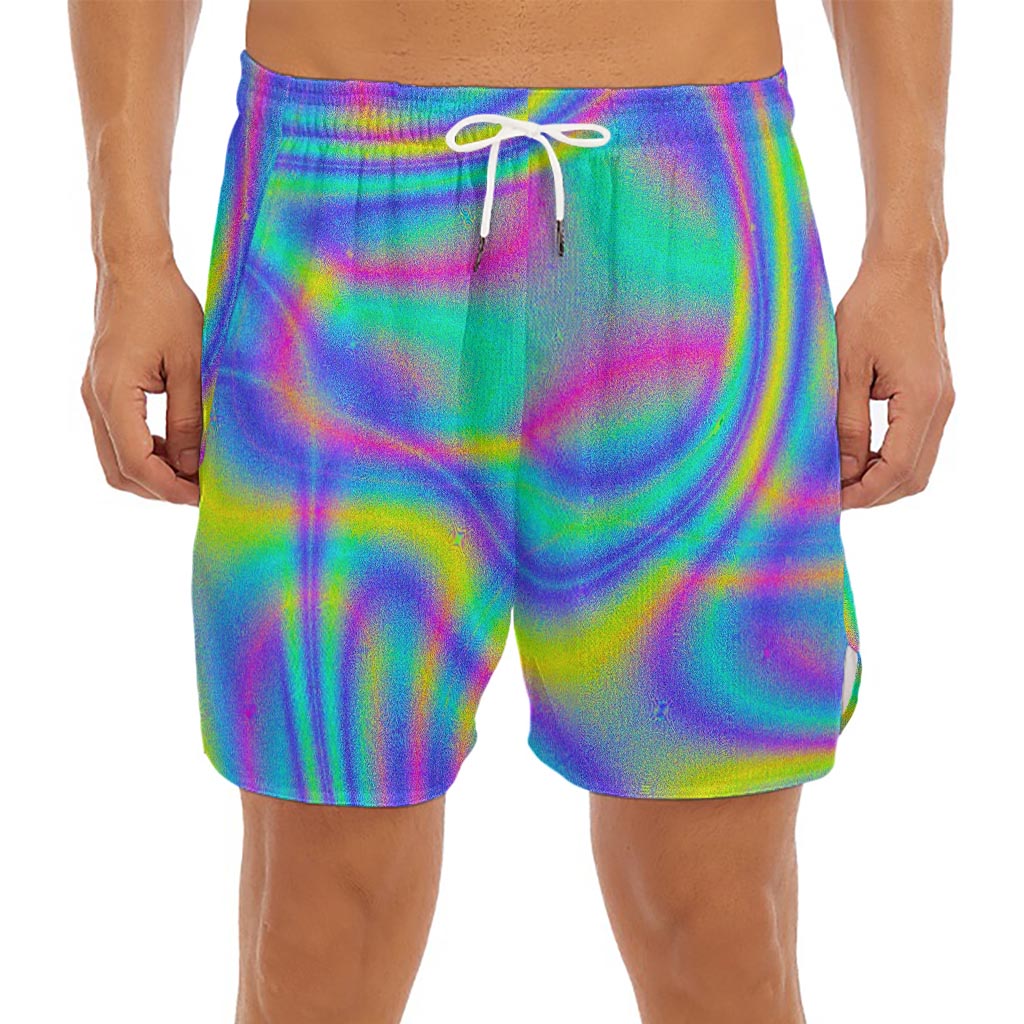 Turquoise Holographic Trippy Print Men's Split Running Shorts