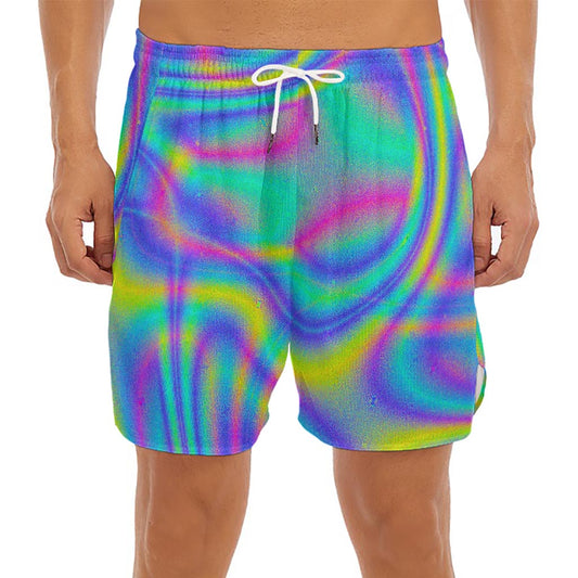 Turquoise Holographic Trippy Print Men's Split Running Shorts