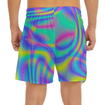 Turquoise Holographic Trippy Print Men's Split Running Shorts