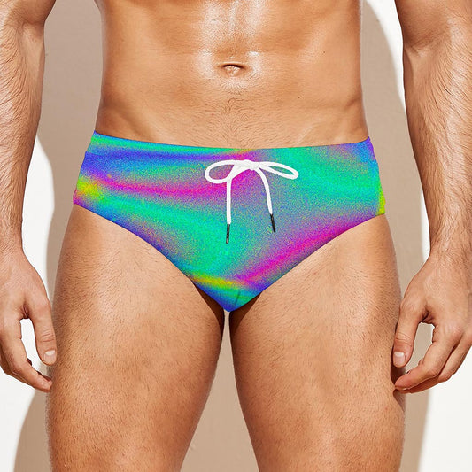 Turquoise Holographic Trippy Print Men's Swim Briefs