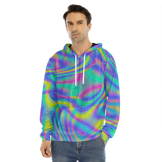 Turquoise Holographic Trippy Print Men's Velvet Pullover Hoodie