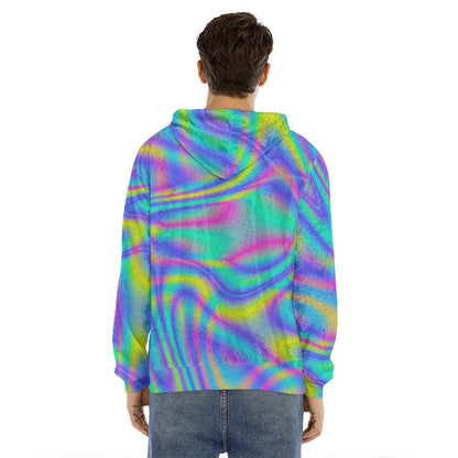 Turquoise Holographic Trippy Print Men's Velvet Pullover Hoodie