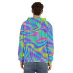 Turquoise Holographic Trippy Print Men's Velvet Pullover Hoodie