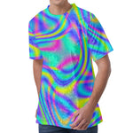 Turquoise Holographic Trippy Print Men's Velvet T-Shirt