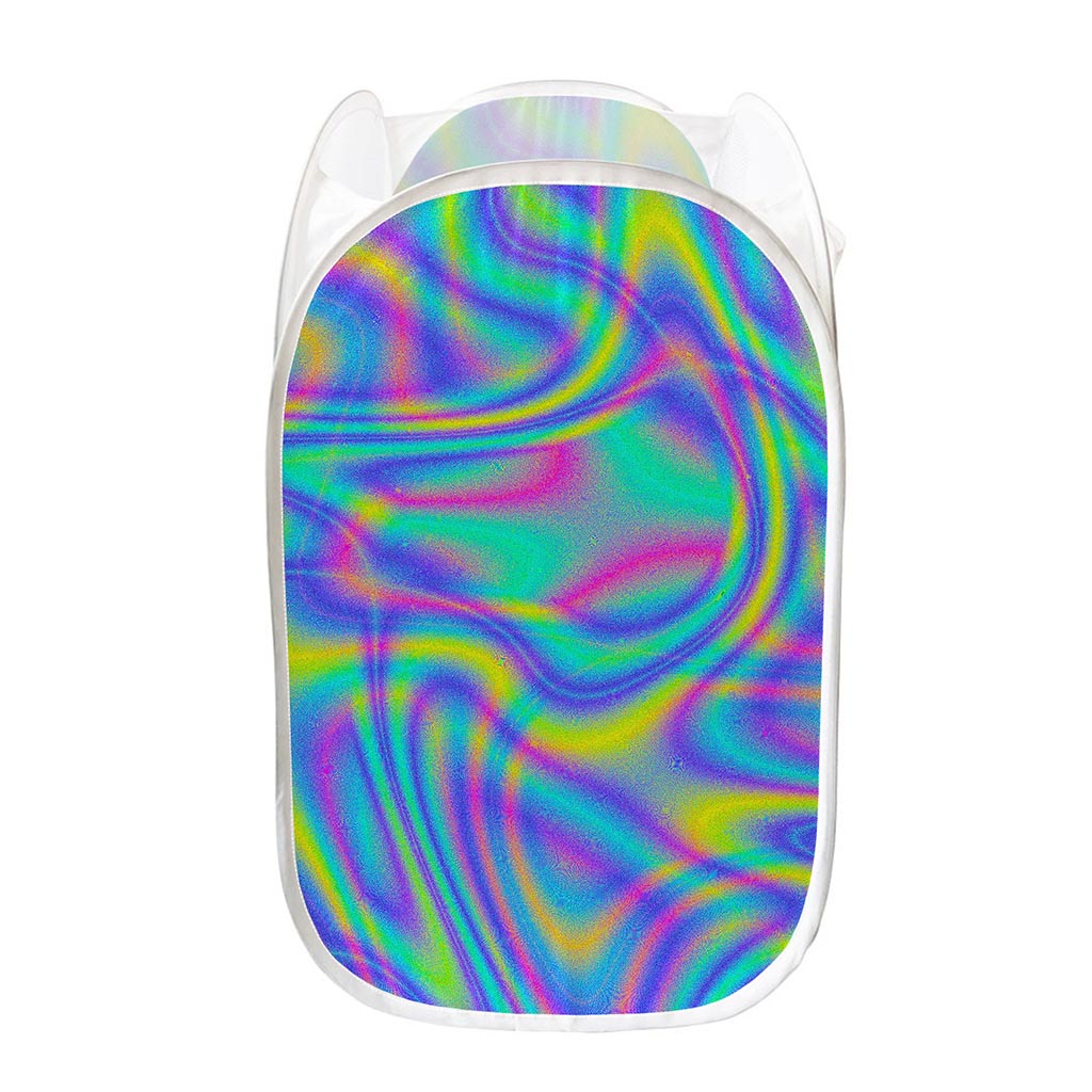 Turquoise Holographic Trippy Print Mesh Laundry Hamper