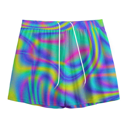 Turquoise Holographic Trippy Print Mesh Shorts