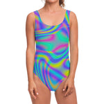 Turquoise Holographic Trippy Print One Piece Swimsuit
