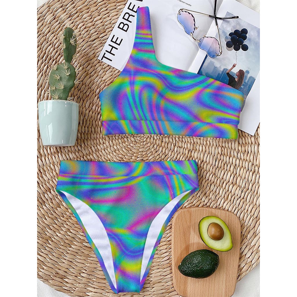 Turquoise Holographic Trippy Print One Shoulder Bikini Top