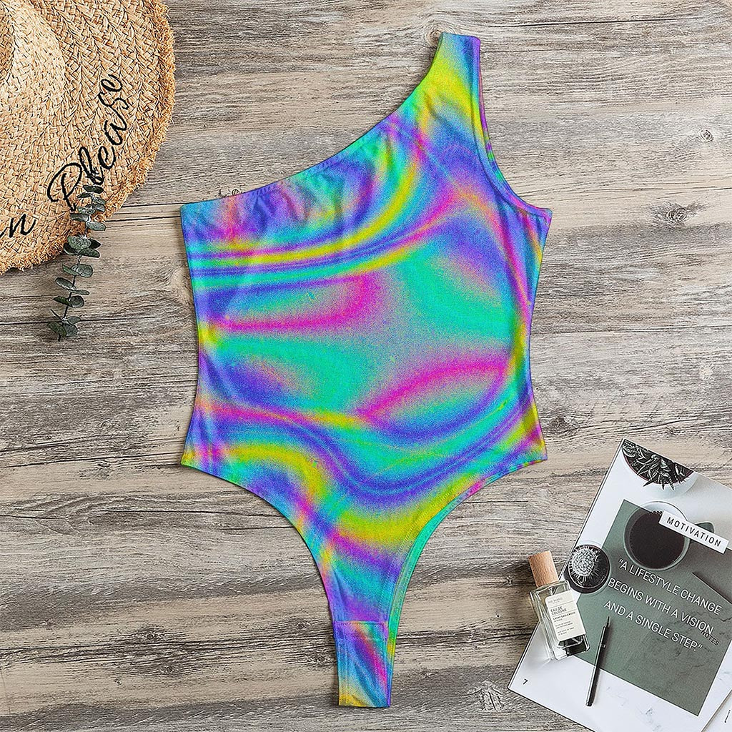 Turquoise Holographic Trippy Print One Shoulder Bodysuit