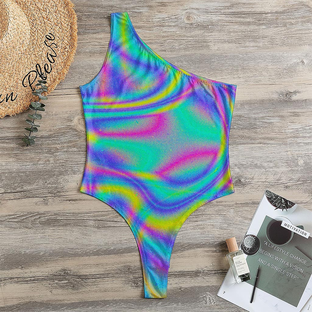 Turquoise Holographic Trippy Print One Shoulder Bodysuit