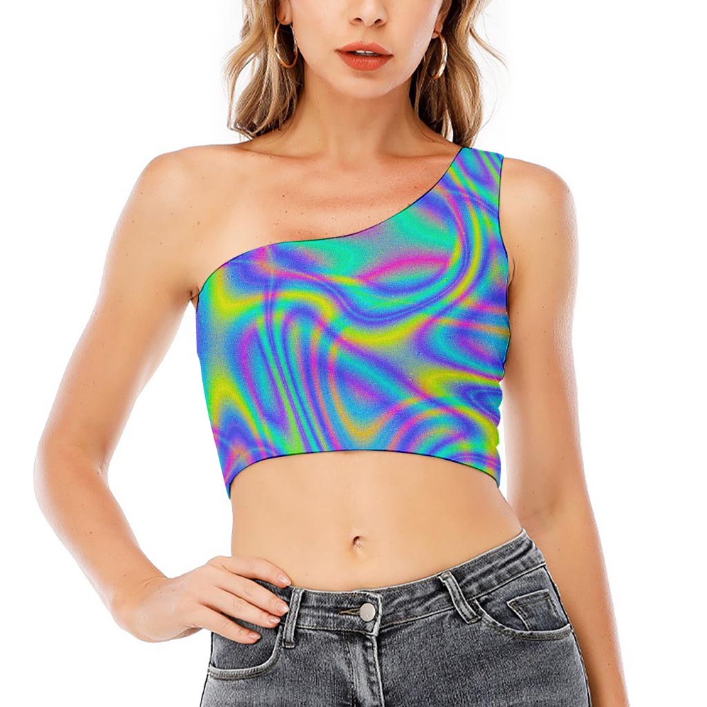 Turquoise Holographic Trippy Print One Shoulder Crop Top