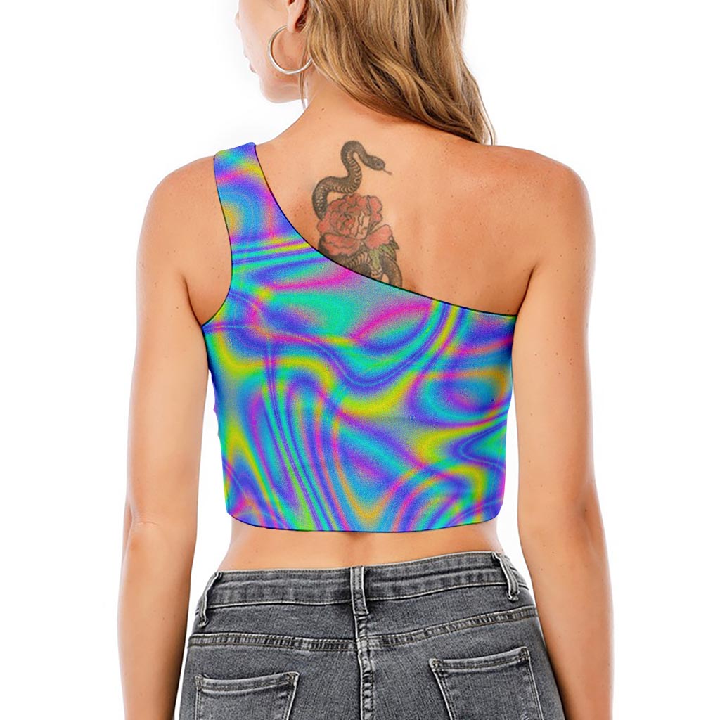 Turquoise Holographic Trippy Print One Shoulder Crop Top