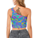 Turquoise Holographic Trippy Print One Shoulder Crop Top