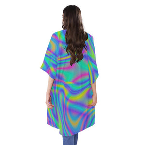 Turquoise Holographic Trippy Print Open Front Beach Cover Up