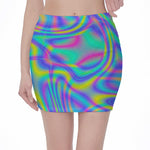 Turquoise Holographic Trippy Print Pencil Mini Skirt
