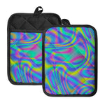 Turquoise Holographic Trippy Print Pot Holders With Pocket