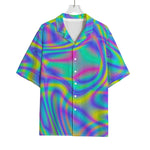 Turquoise Holographic Trippy Print Rayon Hawaiian Shirt