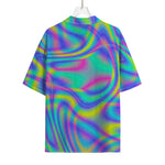 Turquoise Holographic Trippy Print Rayon Hawaiian Shirt