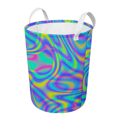 Turquoise Holographic Trippy Print Round Laundry Basket