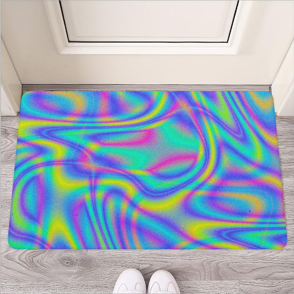 Turquoise Holographic Trippy Print Rubber Doormat