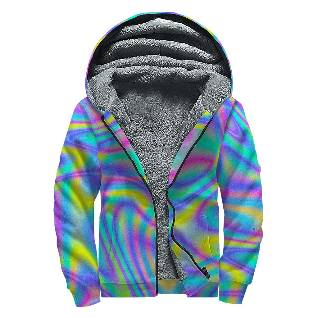 Turquoise Holographic Trippy Print Sherpa Lined Zip Up Hoodie