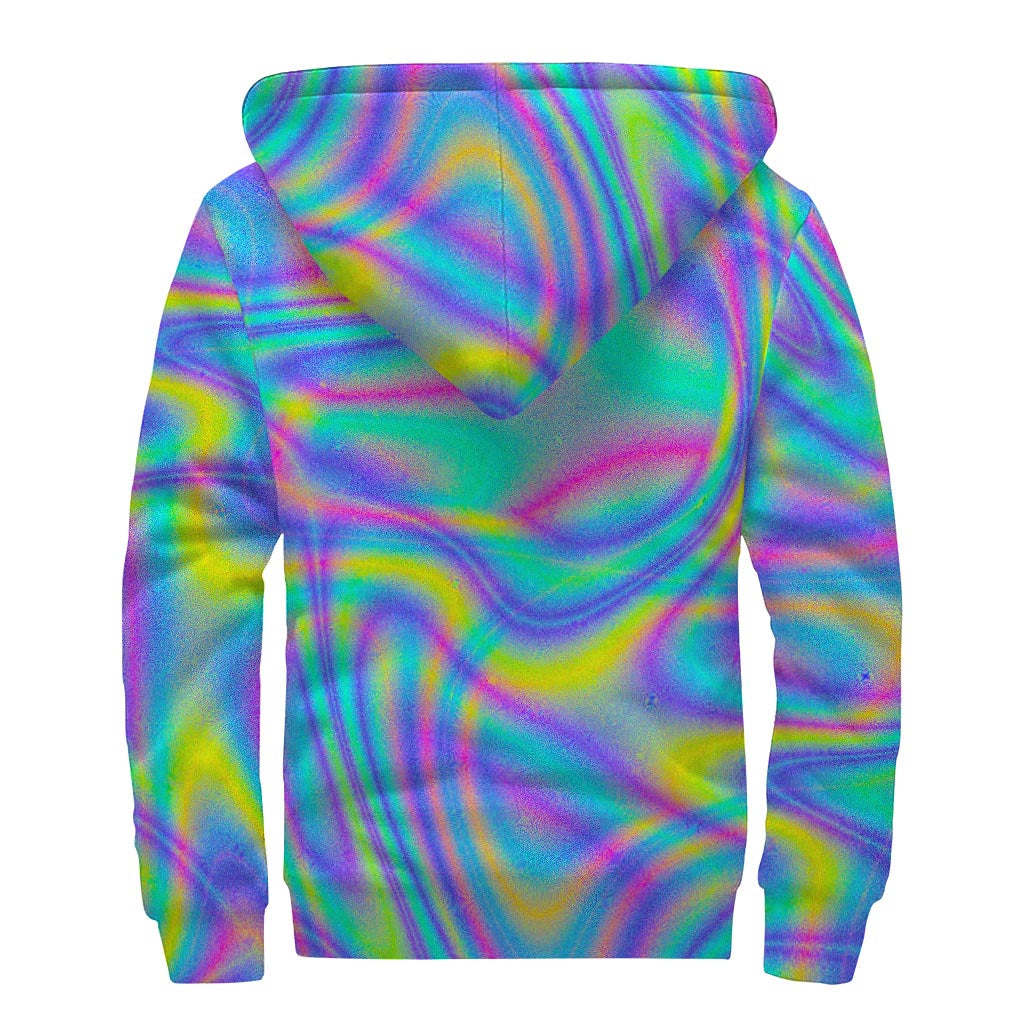 Turquoise Holographic Trippy Print Sherpa Lined Zip Up Hoodie