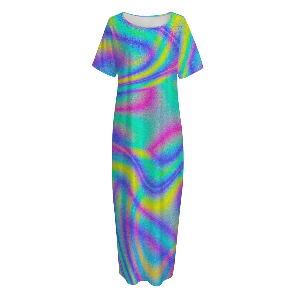 Turquoise Holographic Trippy Print Short Sleeve Long Nightdress